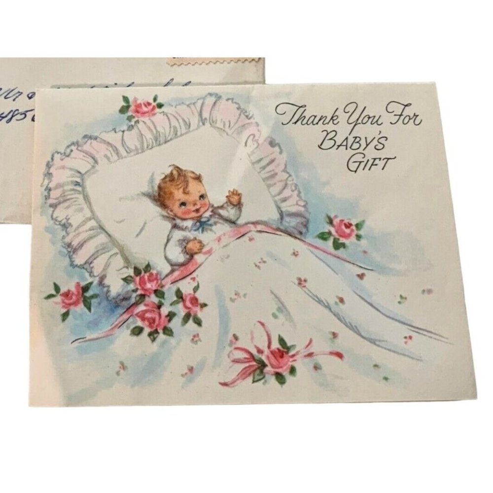 Vintage Baby Shower Thank You Greeting Card Used Roses 1950s + Envelope